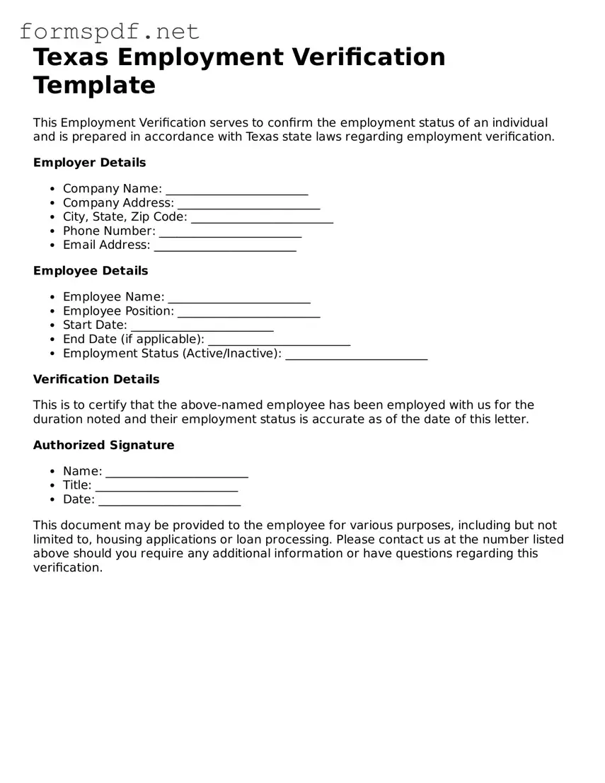 Free  Employment Verification Form for Texas