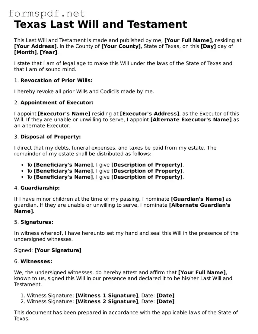 Free  Last Will and Testament Form for Texas