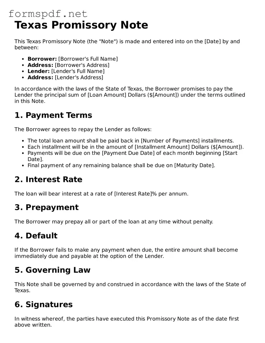 Free  Promissory Note Form for Texas
