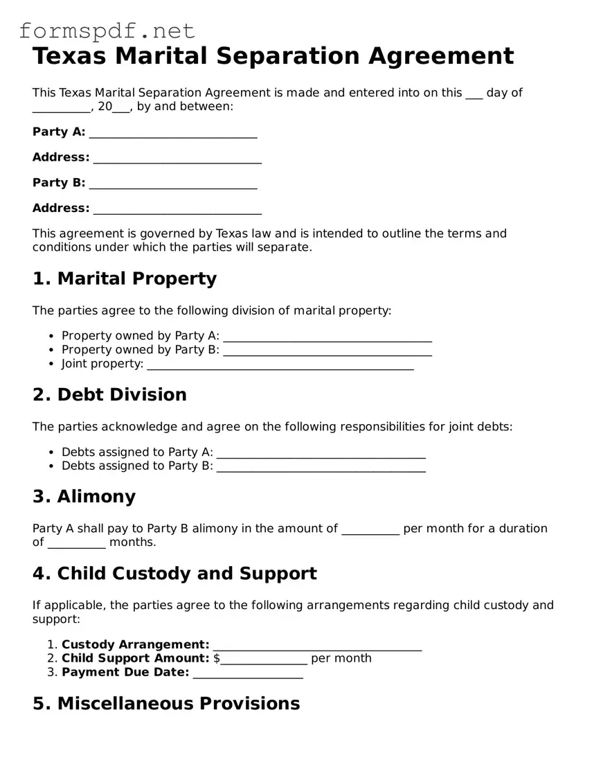 Free  Marital Separation Agreement Form for Texas