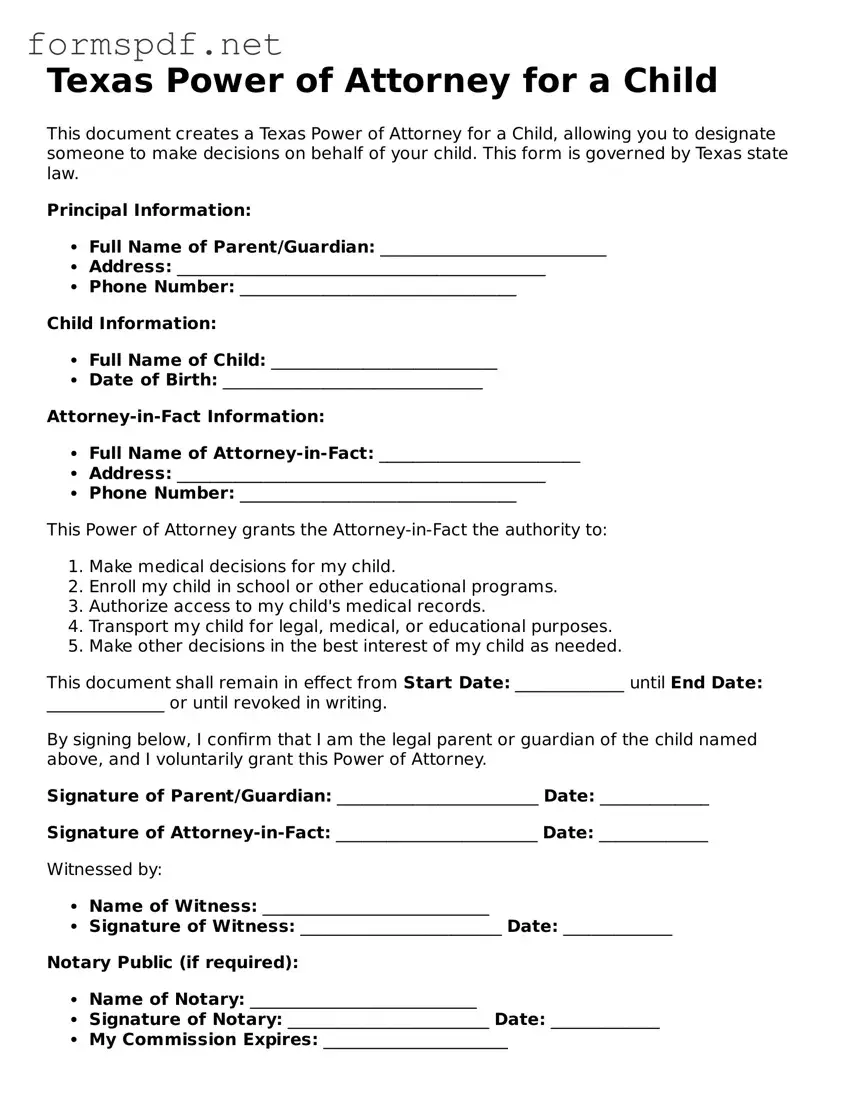 Free  Power of Attorney for a Child Form for Texas