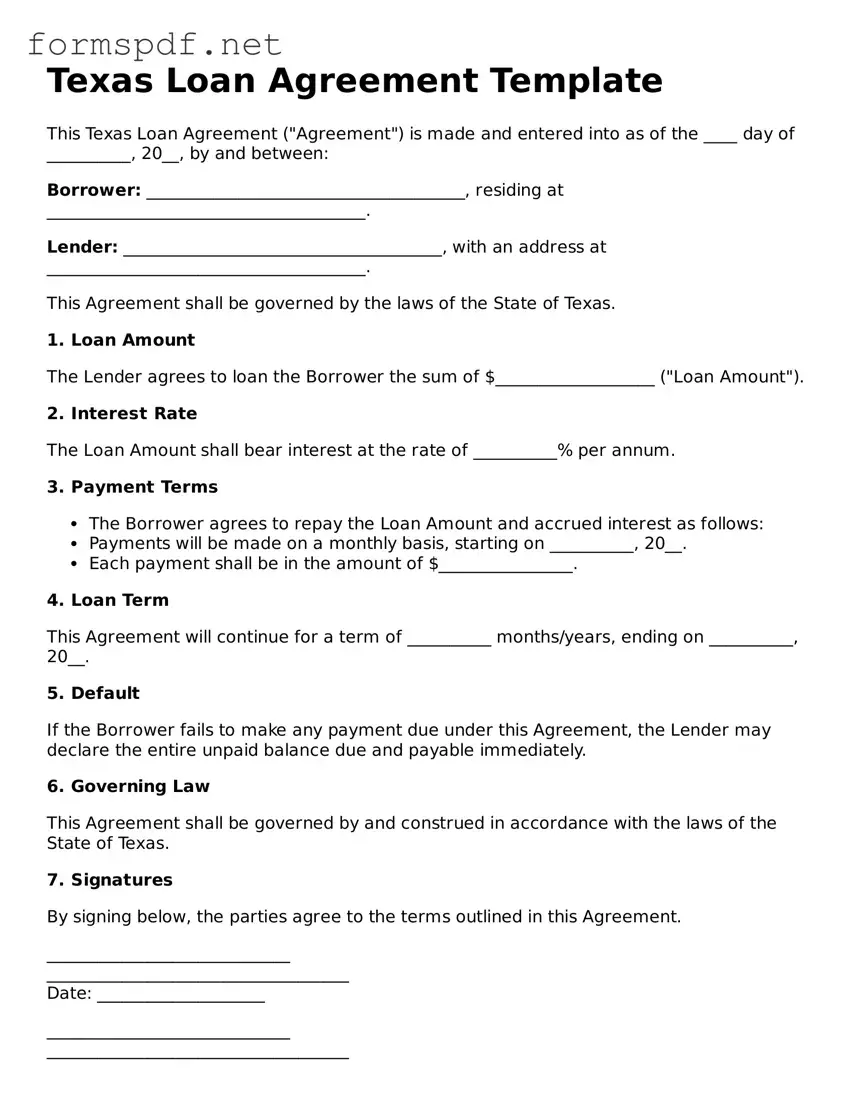 Free  Loan Agreement Form for Texas