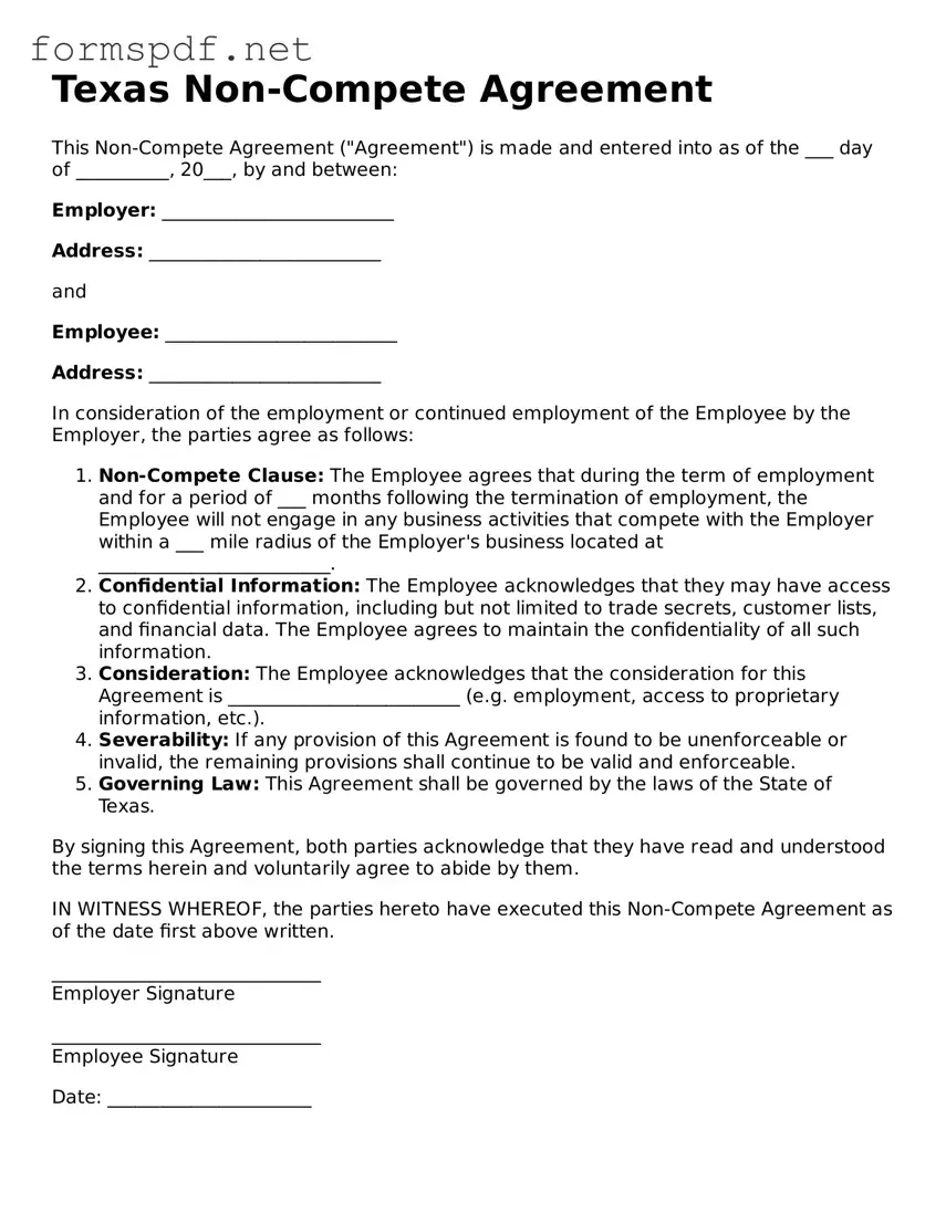 Free  Non-compete Agreement Form for Texas