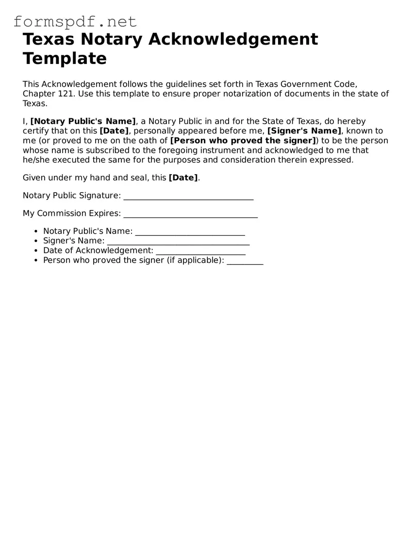 Free  Notary Acknowledgement Form for Texas
