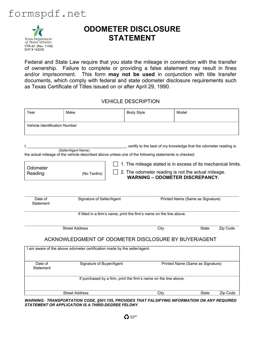 Free Texas Odometer Statement PDF Form