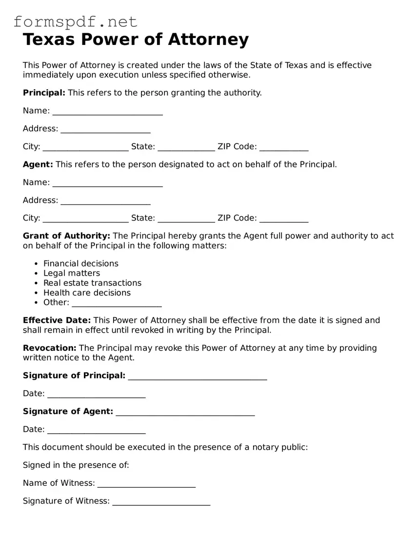 Free  Power of Attorney Form for Texas