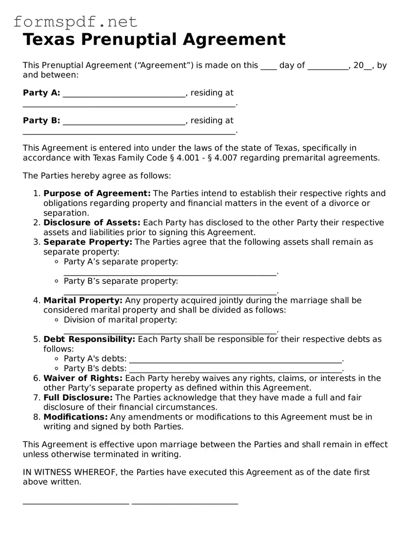 Free  Prenuptial Agreement Form for Texas