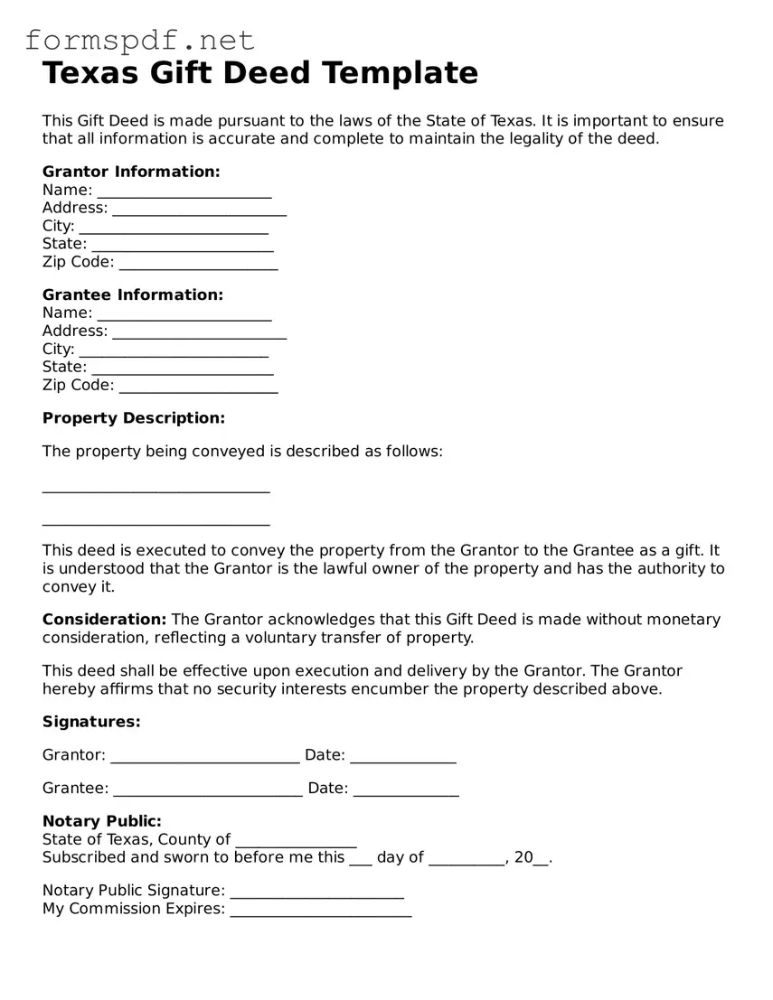 Free  Gift Deed Form for Texas