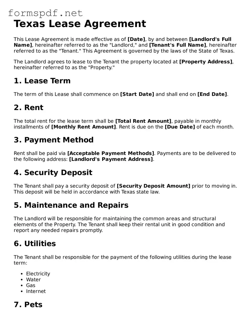 Free  Lease Agreement Form for Texas