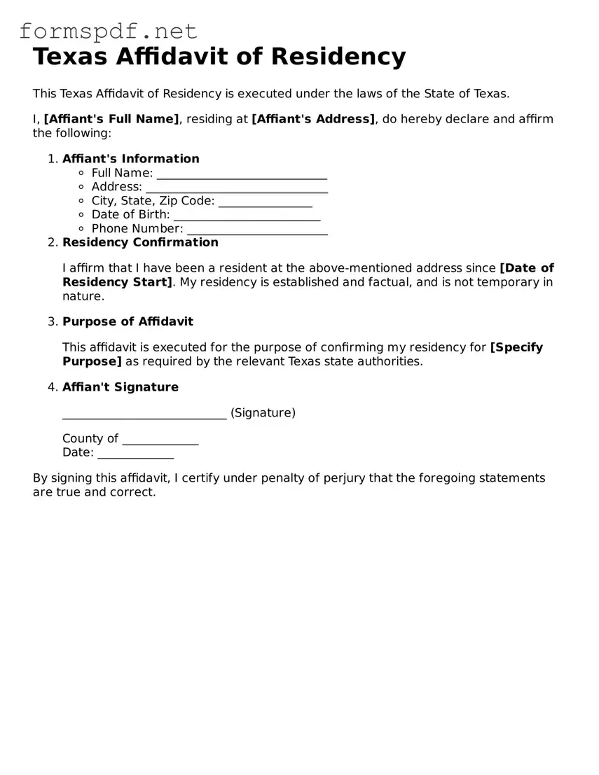 Free  Affidavit of Residency Form for Texas