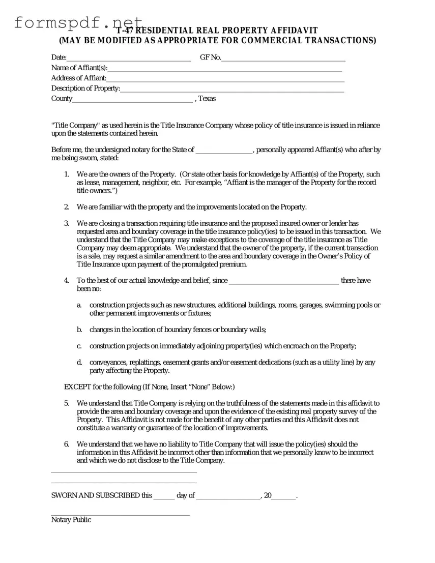 Free Texas residential property affidavit T-47 PDF Form