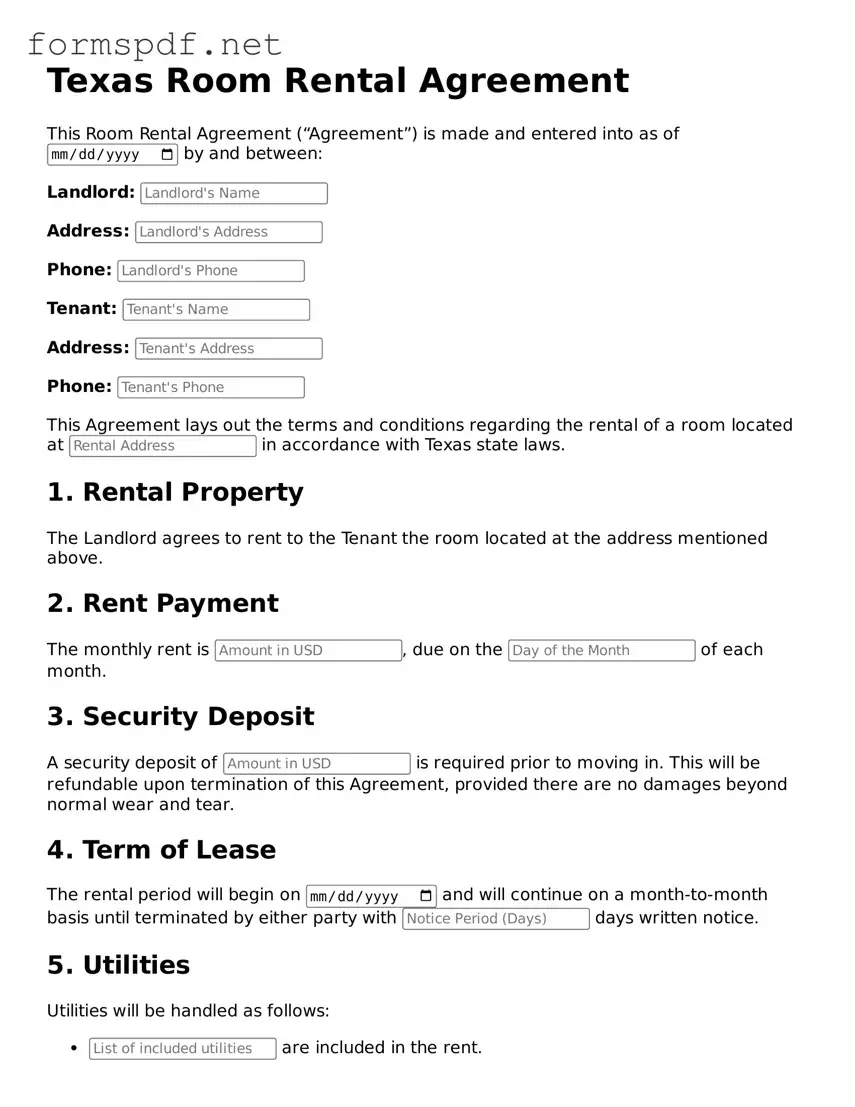 Free Room Rental Agreement Form for Texas