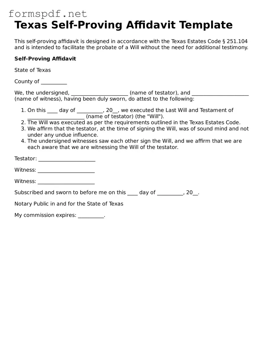 Free  Self-Proving Affidavit Form for Texas
