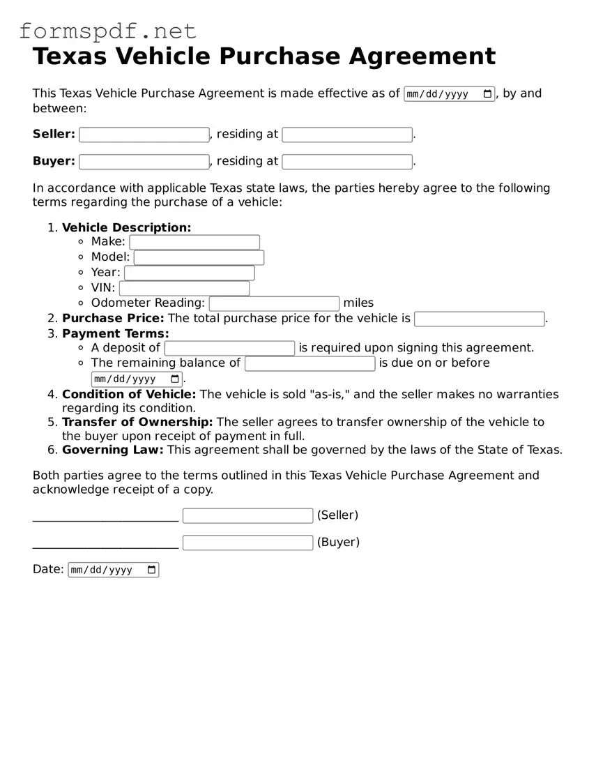 Free  Vehicle Purchase Agreement Form for Texas