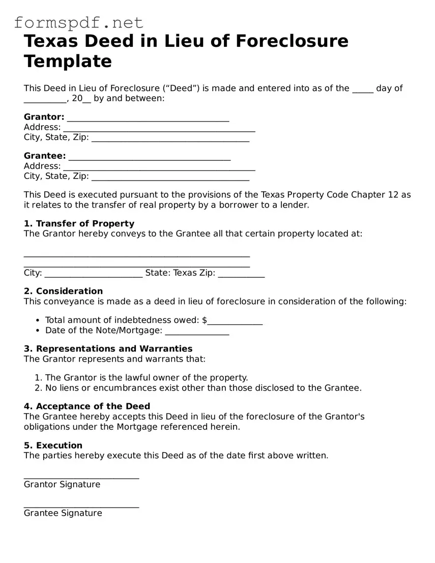 Free  Deed in Lieu of Foreclosure Form for Texas