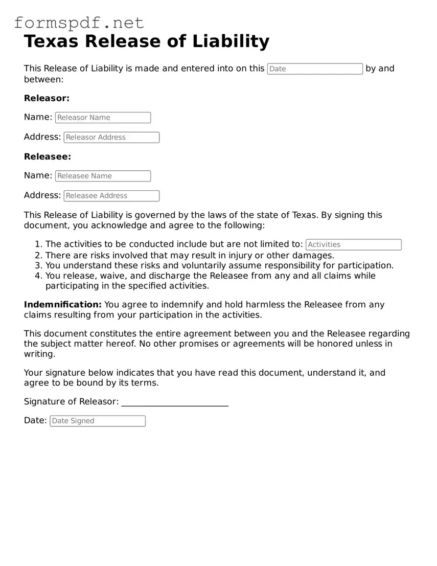 Free  Release of Liability Form for Texas