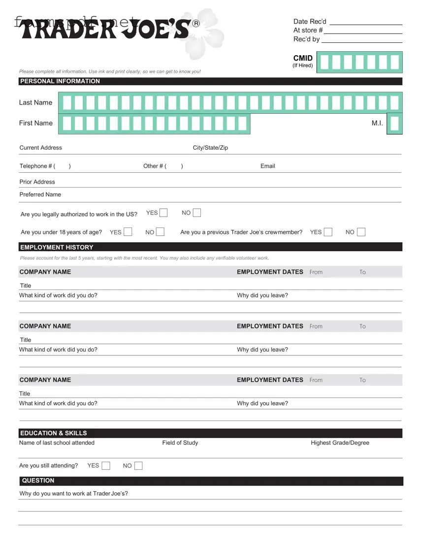 Free Trader Joe's application PDF Form