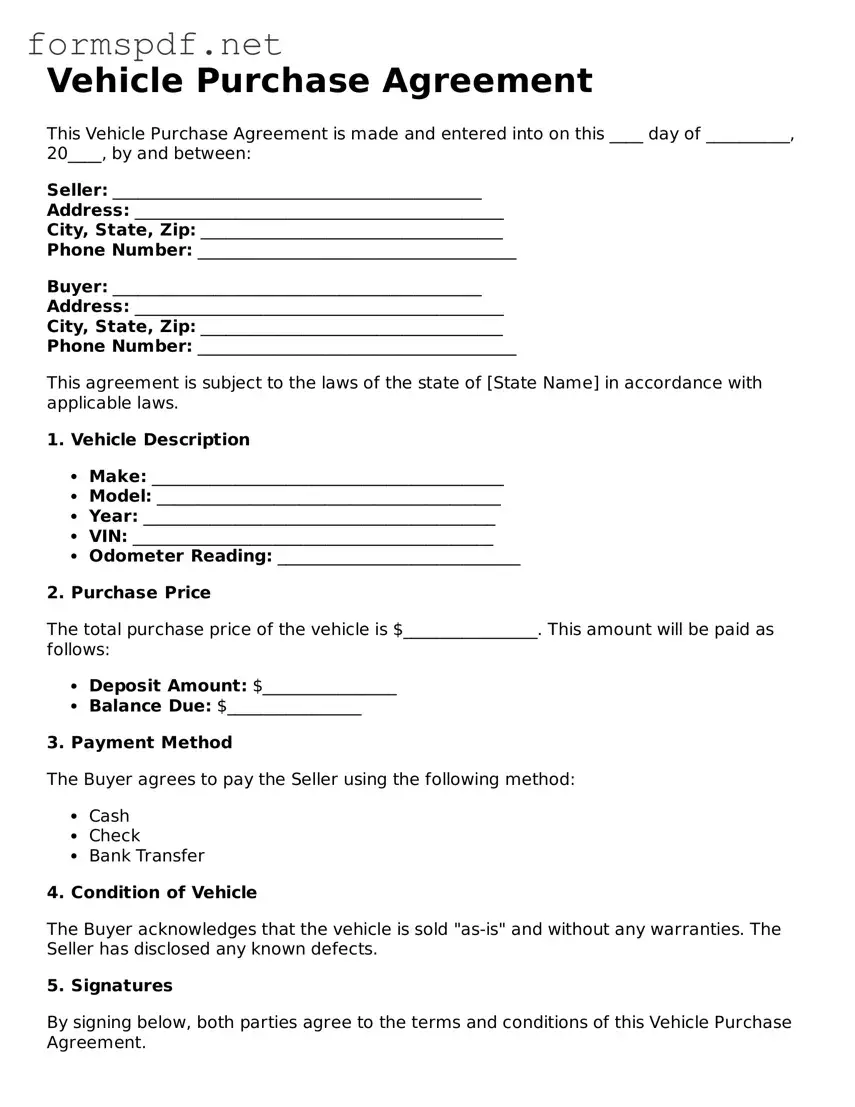 Fillable Vehicle Purchase Agreement Form