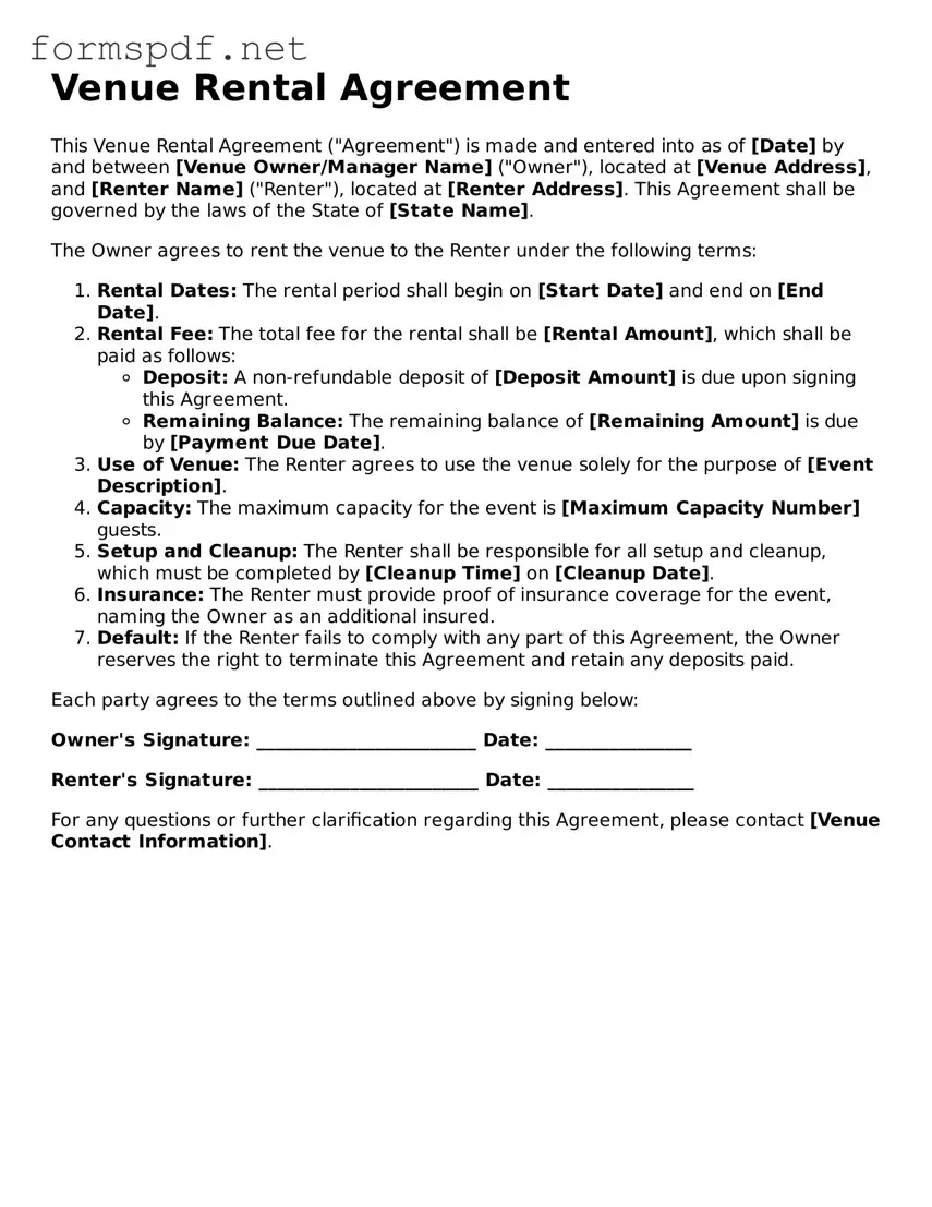 Fillable Venue Rental Agreement Form