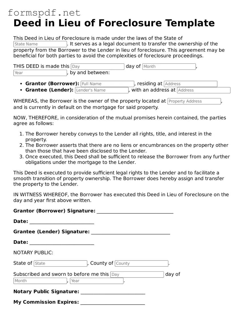 Fillable Deed in Lieu of Foreclosure Form