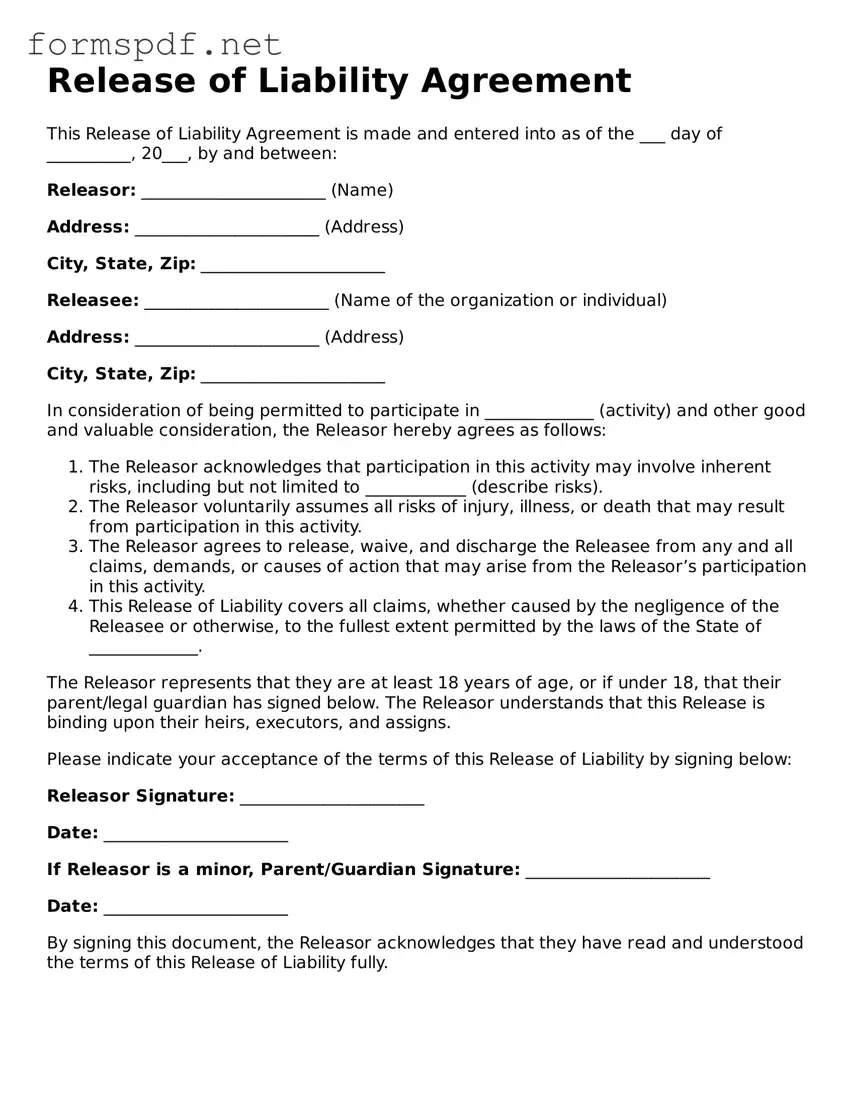 Fillable Release of Liability Form
